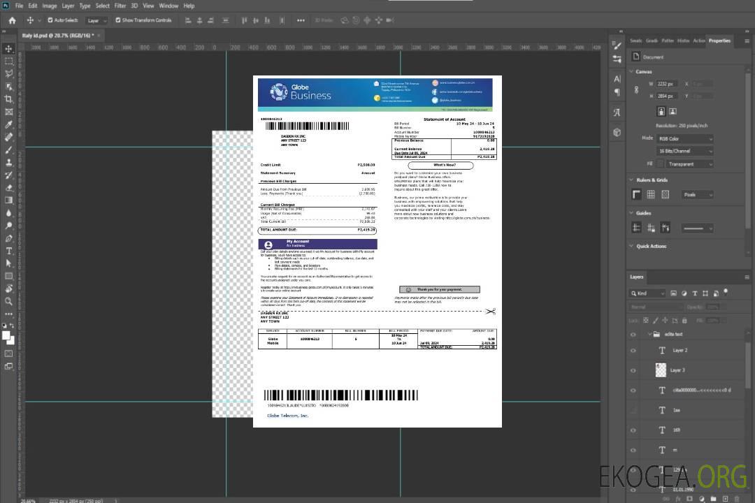 Modèle de facture de services publics des Philippines Globe Business aux formats Word et PDF template